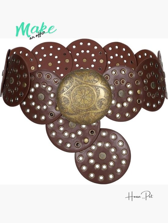 Western Disc Belt Faux Leather Wide Boho Cowgirl Belt for Dresses Jeans